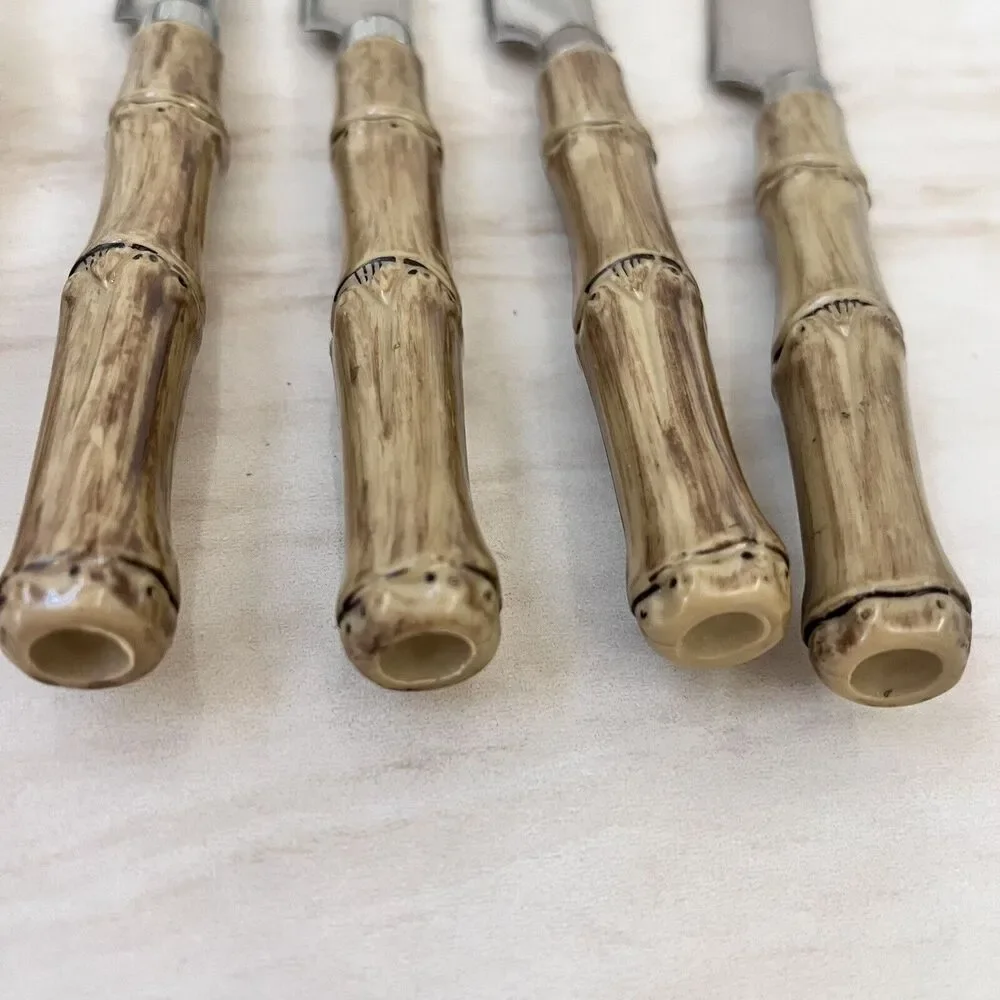 Vintage Faux Bamboo Stainless Steel Flatware 2 Dinner Forks + 4 Knives